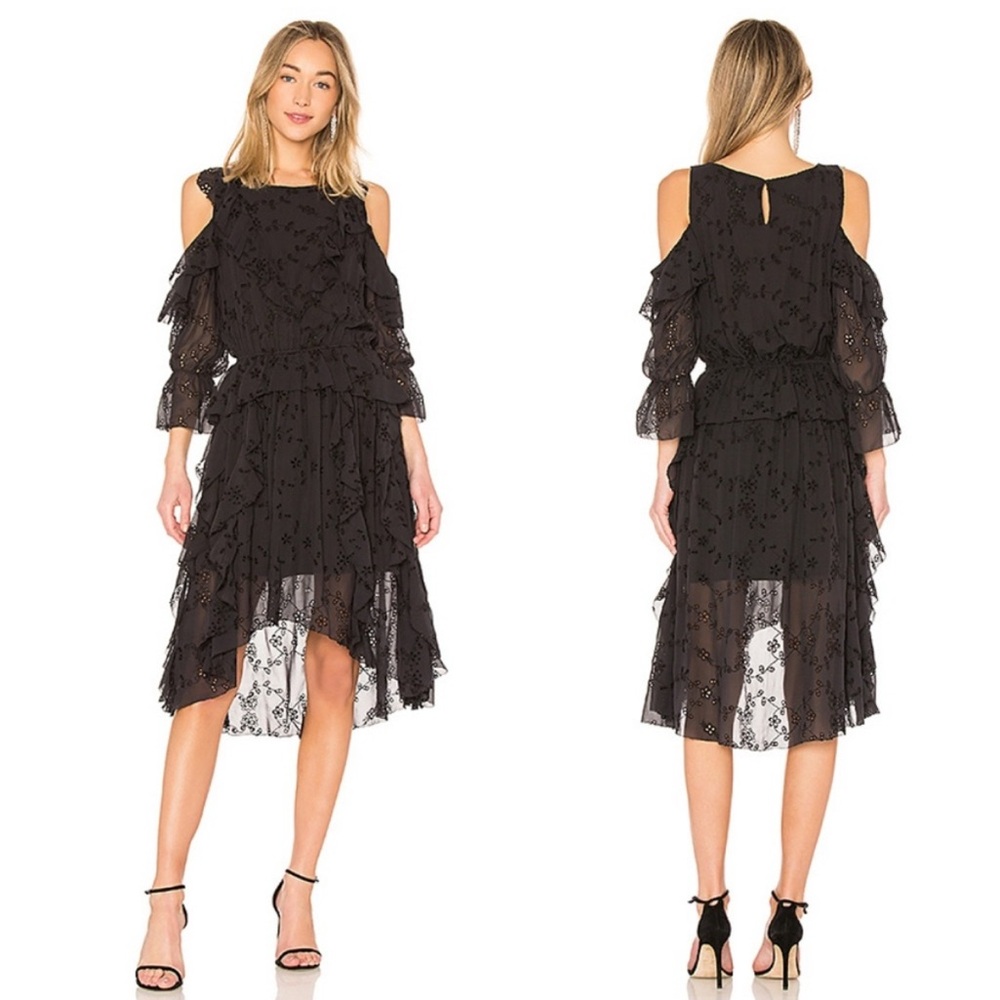 Joie Black Cold-Shoulder Ruffled High-Low Dress peekaboo sleeves eyelet